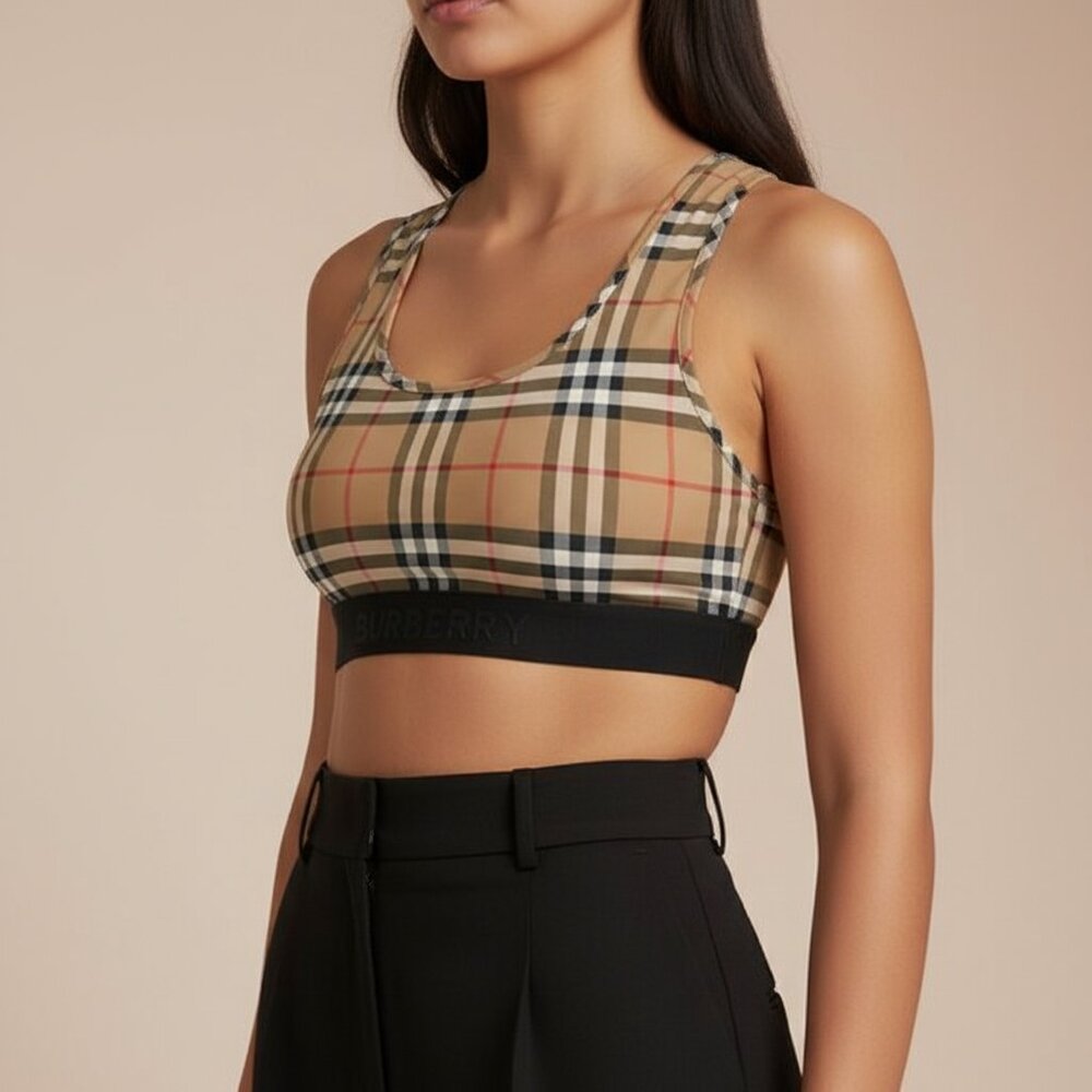 Like New, Burberry Nova Check Plaid Logo Band Crop Top